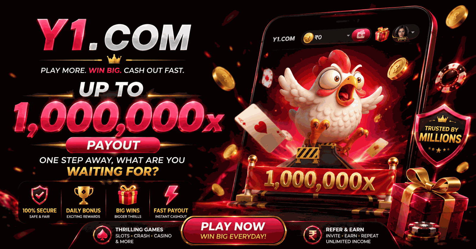 Y1 App official banner — up to 1,000,000x payout, 100% secure, daily bonus, big wins and fast payout