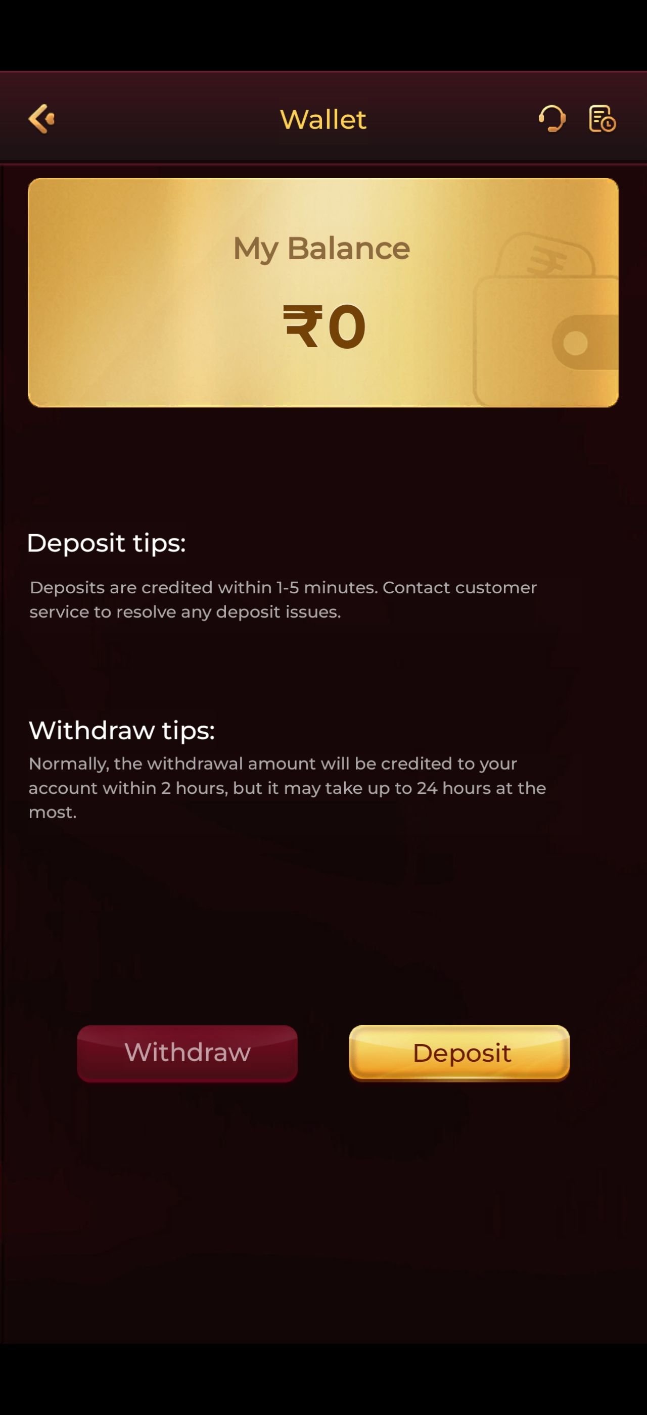 Y1 App wallet screen showing balance, deposit and withdraw options