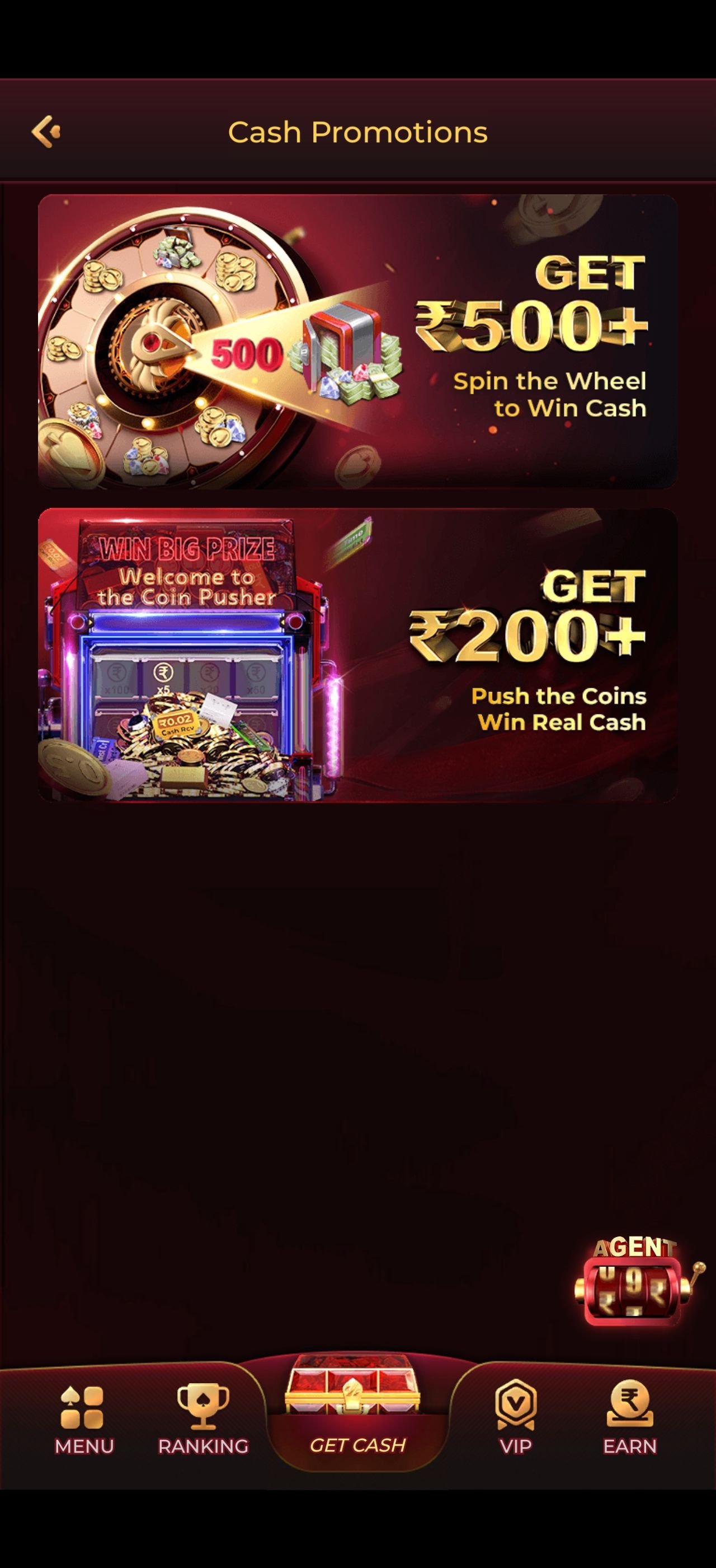 Y1 App cash promotions screen with spin the wheel and coin pusher rewards