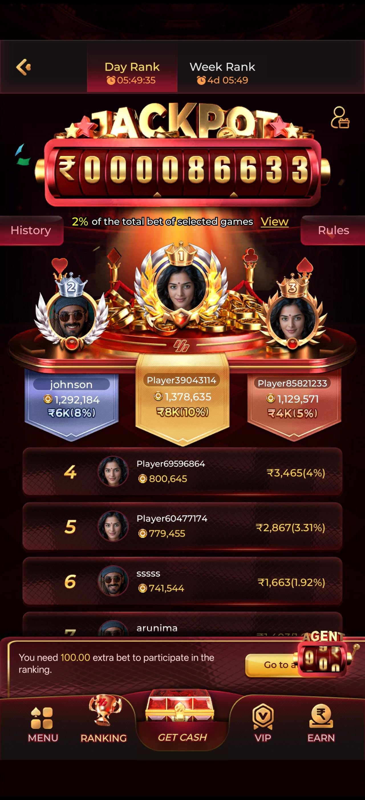 Y1 App jackpot pool and daily player ranking leaderboard screen