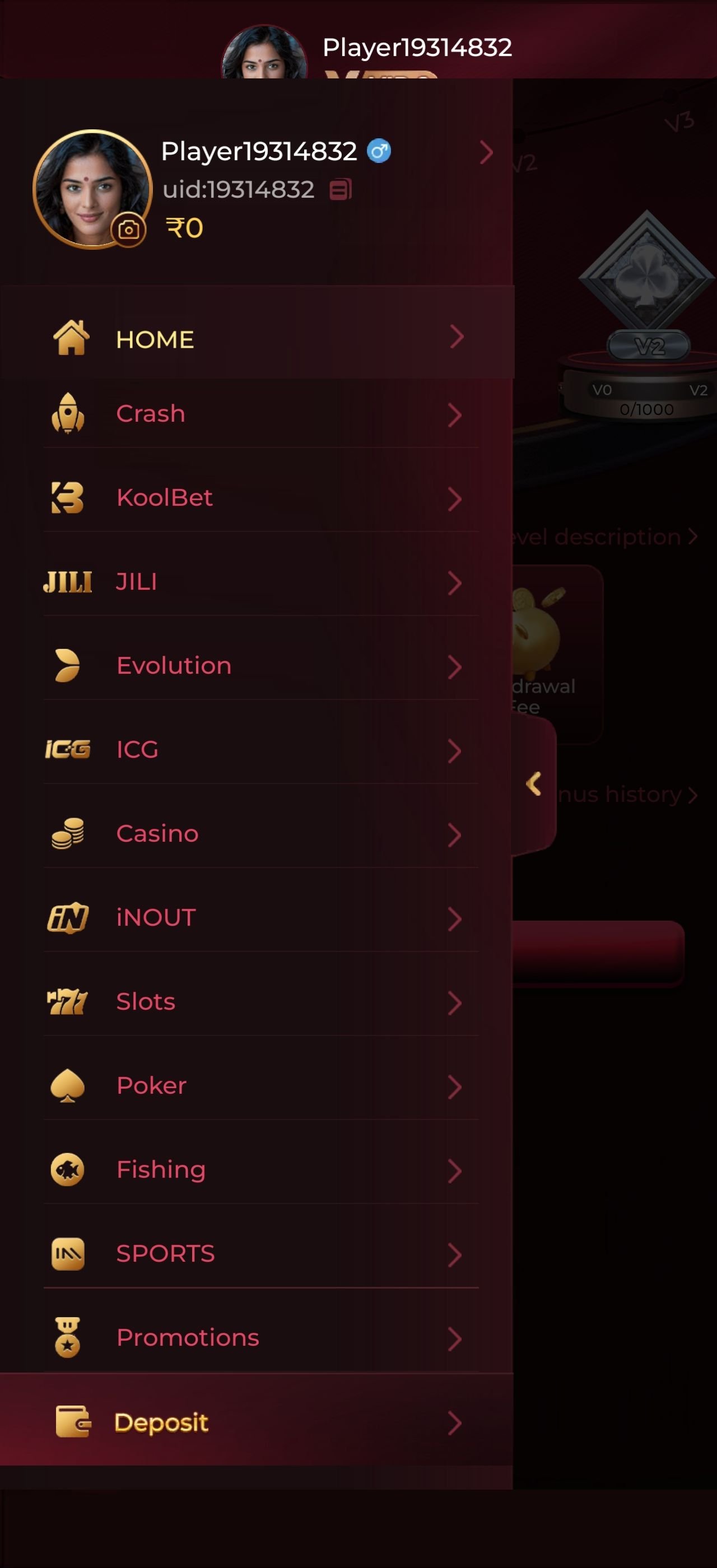 Y1 App side menu listing slots, casino and game provider categories