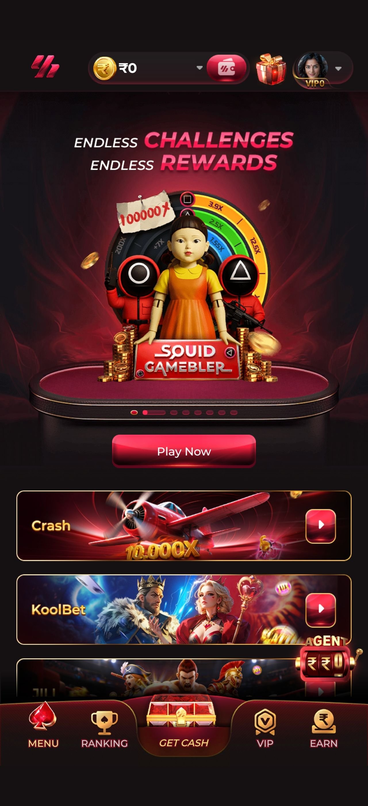 Y1 App home lobby with featured game banner and quick-play rows